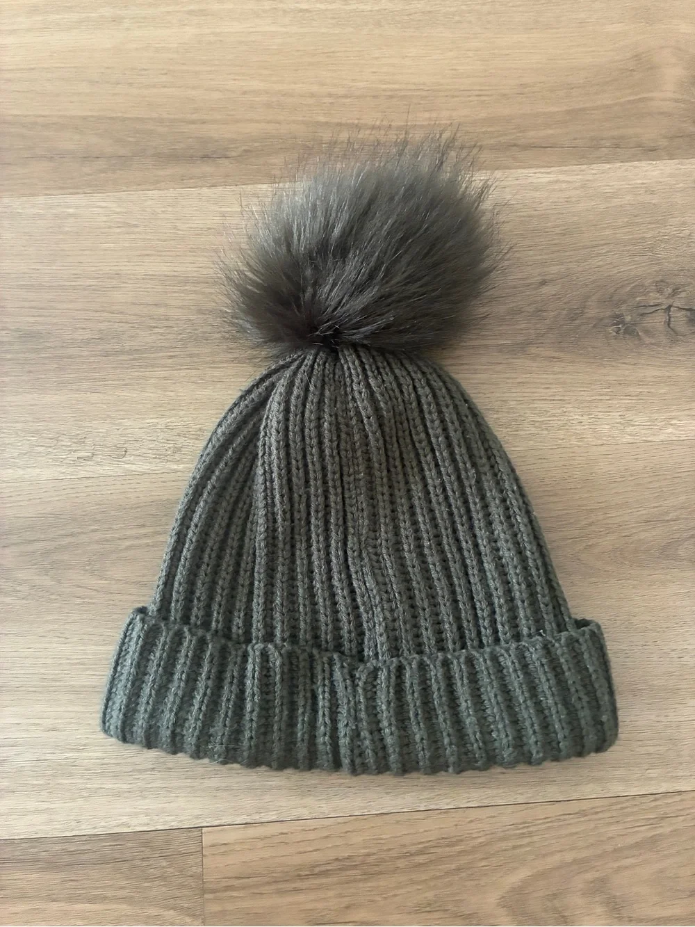 Olive Green Ribbed Knit Pom Pom Beanie Faux Fur Winter Hat One Size